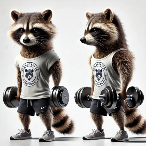 DALL·E 2024-09-17 17.33.13 - A dynamic image of the same raccoon standing upright on two legs, wearing a white T-shirt with a logo, holding dumbbells in each hand. This time, the